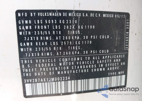 2018 Volkswagen Tiguan 2.0T Se/2.0T Sel из США, поврежденный, VIN 3VV2B7AX1JM002234